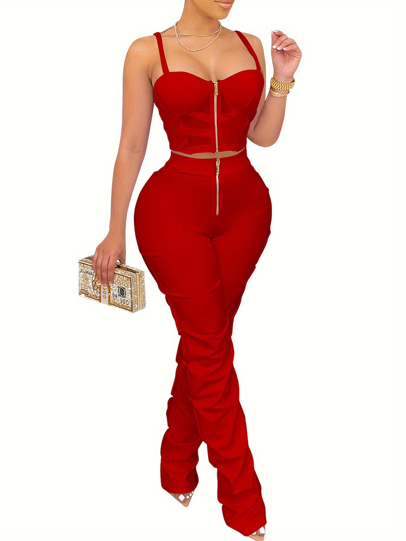 PORRCEY Sexy Solid Color Party Pantsuits, Zipper Front Slim Crop Cami Top & High Waist Ruched Pants Outfits, Women'S Clothing